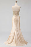 Sweetheart Champagne Corset Sereia com Miçangas, Vestido de Baile Longo com Fenda