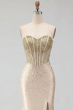 Sweetheart Champagne Corset Sereia com Miçangas, Vestido de Baile Longo com Fenda