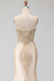 Sweetheart Champagne Corset Sereia com Miçangas, Vestido de Baile Longo com Fenda