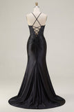 Vestido de Baile de Finalista Longo com Espartilho de Sereia Preto com Franzidas e Fenda