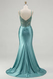 Vestido de Baile de Finalistas Longo com Espartilho de Espartilho Azul Aplicado e Fenda