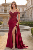Zapaka Mulheres Vestido de Baile Longo com Ombro à Vista em Borgonha Brilhante e Capa