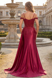 Vestido de Baile Longo com Ombro à Vista em Borgonha Brilhante e Capa
