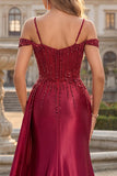 Vestido de Baile Longo com Ombro à Vista em Borgonha Brilhante e Capa