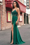 Vestido de Baile de Sereia Verde Escuro Aplicado com Fenda