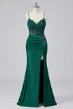 Vestido de Baile de Sereia Verde Escuro Aplicado com Fenda