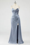 Espartilho azul empoeirado, sereia com renda nas costas, vestido comprido de baile com fenda