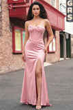 Espartilho de sereia blush Renda plissada nas costas Vestido de baile comprido com fenda