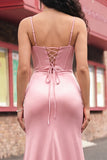 Espartilho de sereia blush Renda plissada nas costas Vestido de baile comprido com fenda