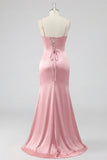 Espartilho de sereia blush Renda plissada nas costas Vestido de baile comprido com fenda