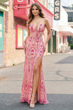 Vestido longo de baile de sereia cor-de-rosa com missangas