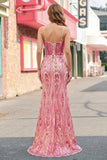 Vestido longo de baile de sereia cor-de-rosa com missangas