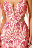 Vestido longo de baile de sereia cor-de-rosa com missangas