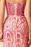 Vestido longo de baile de sereia cor-de-rosa com missangas