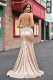Vestido de Sereia de Baile de Finalistas com Espartilhos com Contas de Champanhe