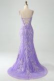 Sereia Lilac Esparguete Correias Longo Vestido de Baile com Apliques