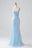 Sky Blue Sparkly Sereia Corset Prom Dress com Sequins