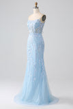 Sky Blue Sparkly Sereia Corset Prom Dress com Sequins