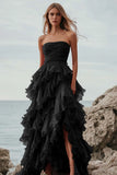 Vestido de Baile Assimétrico Linha-A com Folhos e Camadas Franzidas na cor Fúcsia