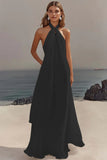 Vestido de Noivado Longo Sem Mangas com Decote Halter e Linha-A na cor Marfim