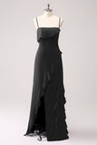 Tahiti Esparguete Alças Chiffon Vestido Longo Madrinha com Folhos
