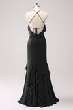 Halter Tahiti Sereia Chiffon Vestido Madrinha com Folhos