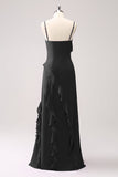 Tahiti Esparguete Alças Chiffon Vestido Longo Madrinha com Folhos