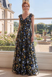 Vestido de Mãe da Noiva Verde em Tule Bordado em V, decote em V