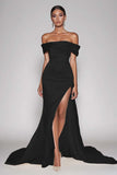 Vestido de Baile com Fenda Cabernet Fora do Ombro Cetim Longo