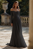 Vestido de Noiva Comprido em Chiffon Marfim com Ombros a Ombro e Linha-A