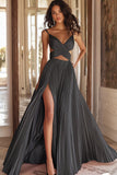 Vestido de Baile Longo com Alças Finas Rosa Linha-A e Fenda