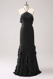 Halter Tahiti Sereia Chiffon Vestido Madrinha com Folhos
