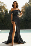 Vestido De Baile Dourado com Fenda Longo Fora do Ombro Cetim