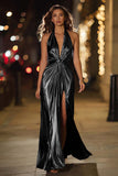 Gold Halter Metalizado Ruched Long Formal Dress wth Fenda