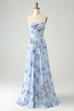 Azul Floral Uma Linha Querida Strapless Estampa Plissado Longo Vestido de Noiva Convidado
