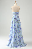 Azul Floral Uma Linha Querida Strapless Estampa Plissado Longo Vestido de Noiva Convidado