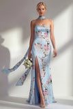 Vestido comprido de dama de honor floral sem alças cor-de-rosa sereia com fenda