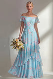 Vestido longo de dama de honor verde A Line A Strip Estampado Floral com folhos