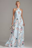 Vestido longo de dama de honor floral, decote A e decote halter cor-de-rosa