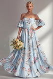 Vestido longo de dama de honor floral sem alças A-Line com mangas bufantes