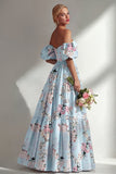 Vestido longo de dama de honor floral sem alças A-Line com mangas bufantes