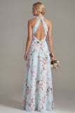 Vestido longo de dama de honor floral, decote A e decote halter cor-de-rosa