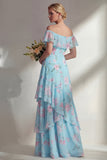 Vestido longo de dama de honor verde A Line A Strip Estampado Floral com folhos