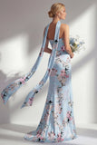 Vestido comprido de dama de honor floral sem alças cor-de-rosa sereia com fenda
