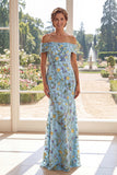 Vestido da Mãe da Noiva Bordado em Tule Verde Sereia Ombro Descoberto
