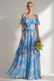 Vestido comprido de dama de honor com flor amarela cor-de-rosa no ombro e folhos