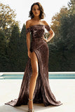 Vestido De Baile Dourado com Fenda Longo Fora do Ombro Cetim