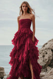 Vestido de Baile Assimétrico Linha-A com Folhos e Camadas Franzidas na cor Fúcsia
