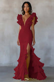 Vestido De Baile com Fenda Amarelo Decote em V Longo Sereia Babados