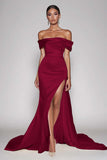 Champanhe Fora do Ombro Cetim Longo Vestido de Baile com Fenda